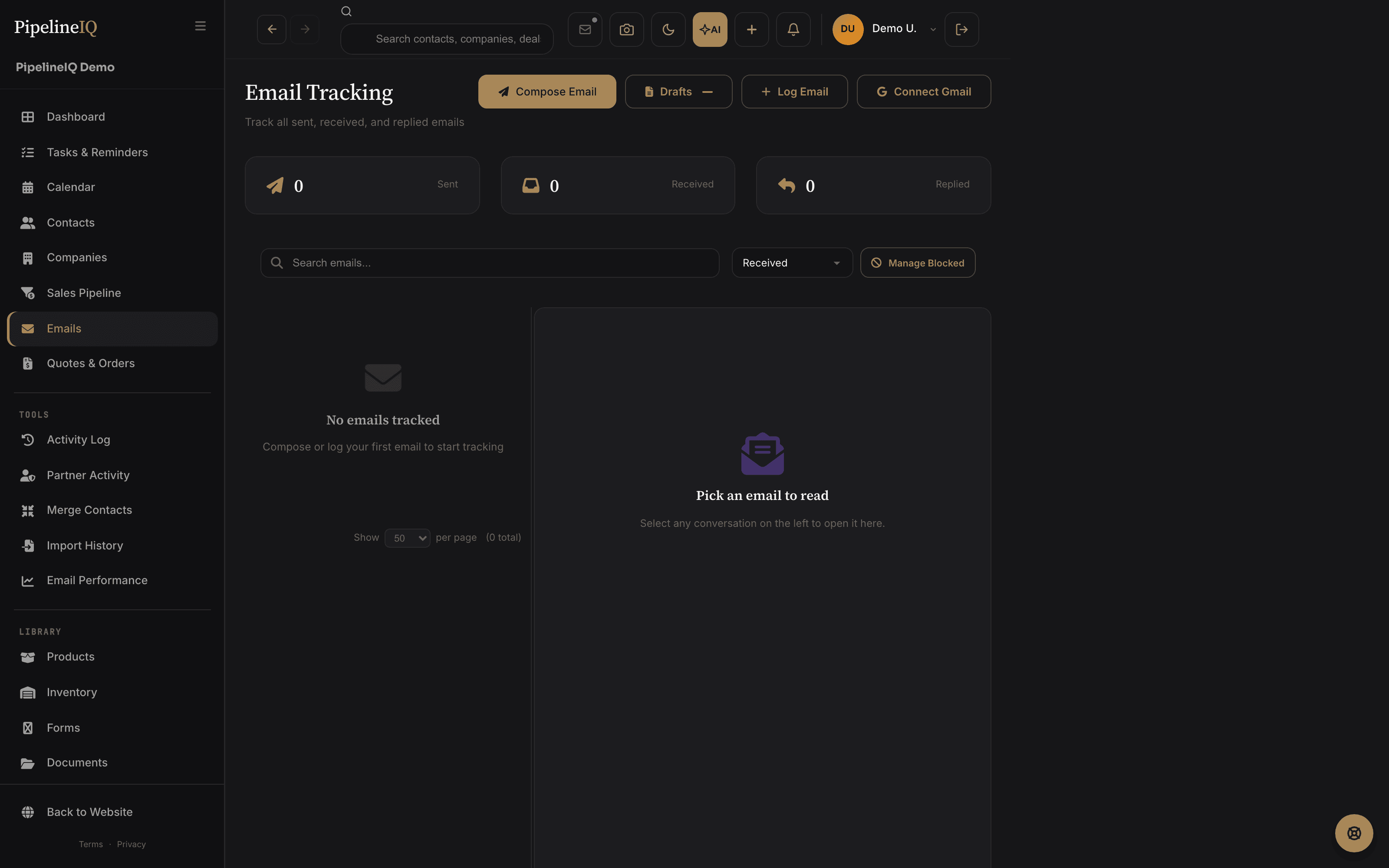 Unified inbox in PipelineIQ — Gmail-synced thread alongside contact timeline